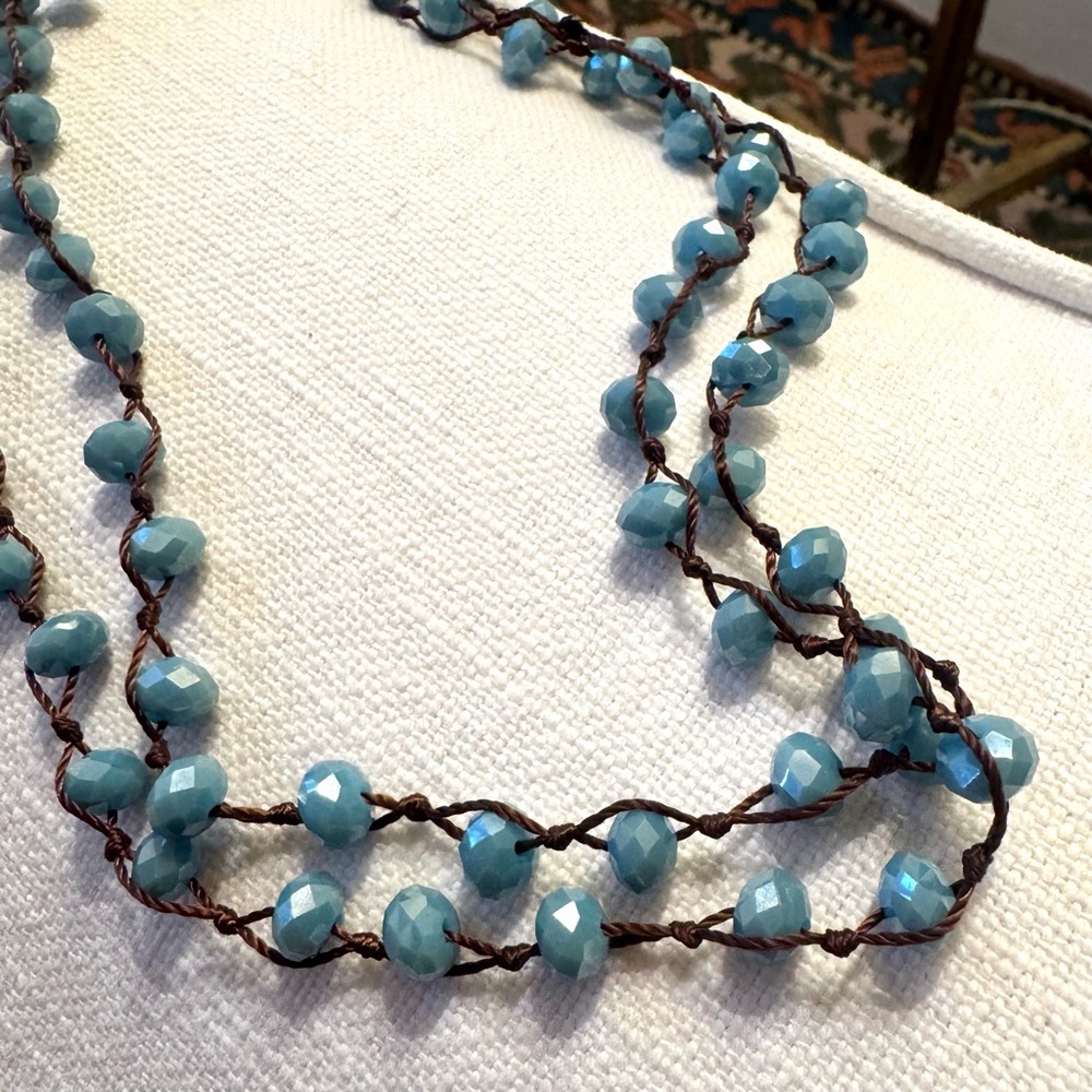 Teal Crystal Bead Hand Woven Faceted Rondelle Necklace | Blue, Brown